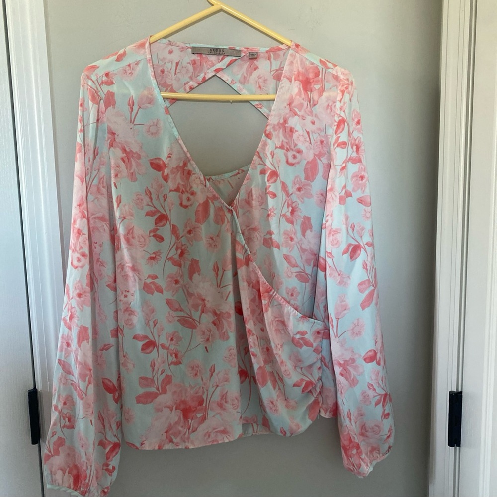 Guess Floral Wrap Blouse - Pink and White